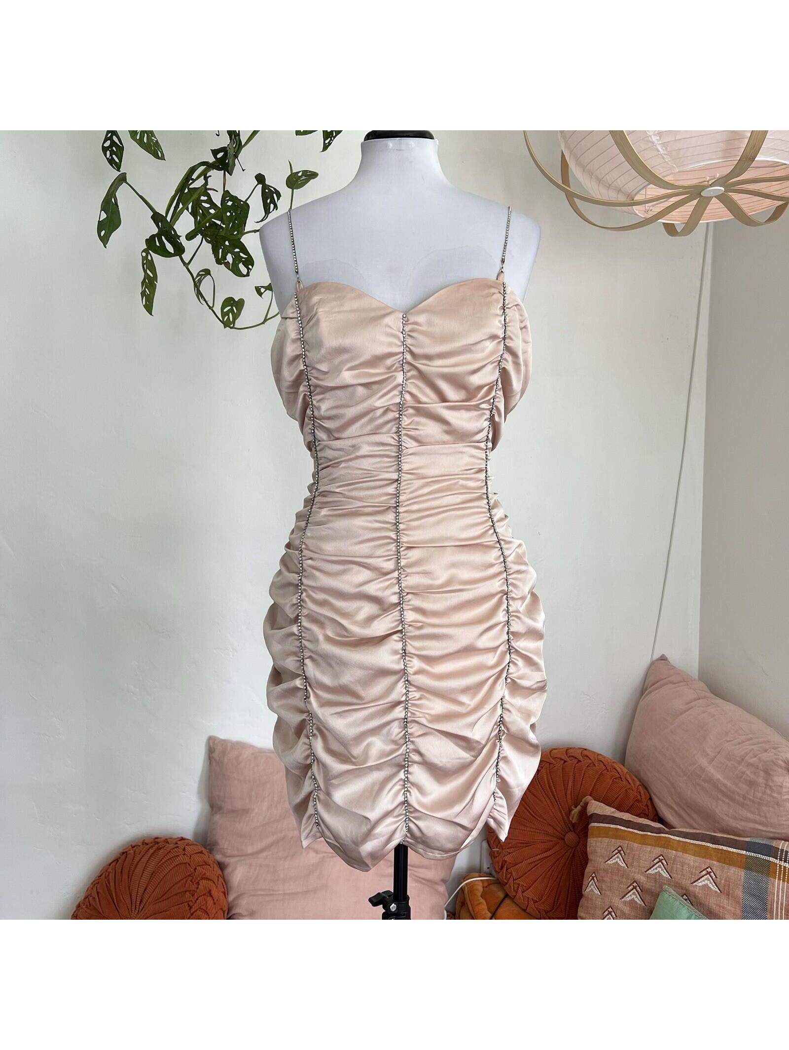 Nwt Nasty Gal Collection Ruched Satin Mini Dress Rhinestone Trim Champagne Us 10